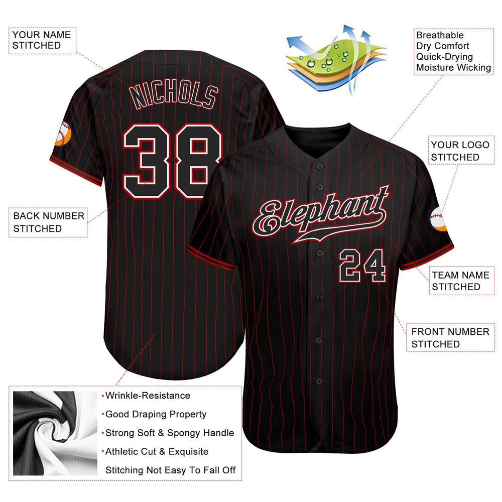 Black Red Pinstripe Black-White Authentic Baseball Jersey, Custom Baseball Jersey, Personalized Sport Jersey