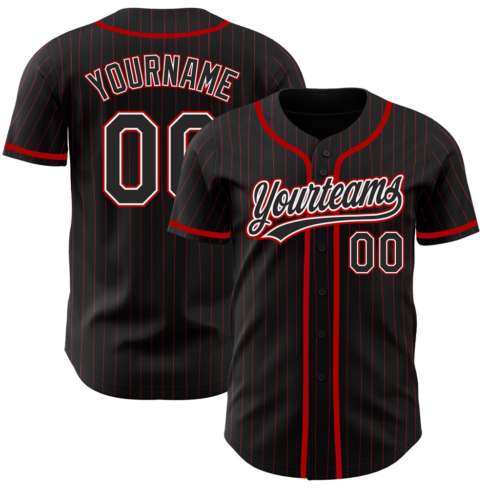 Black Red Pinstripe Black Authentic Baseball Jersey, Custom Baseball Jersey, Personalized Sport Jersey