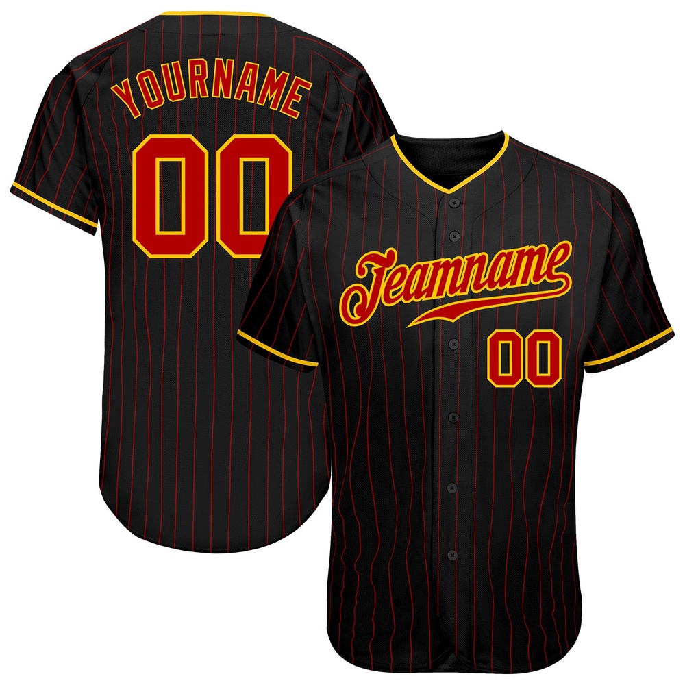 Black Red Pinstripe Red-Gold Authentic Baseball Jersey, Custom Baseball Jersey, Personalized Sport Jersey Black Red Pinstripe Red-Gold Authentic Baseball Jersey, Custom Baseball Jersey, Personalized Sport Jersey