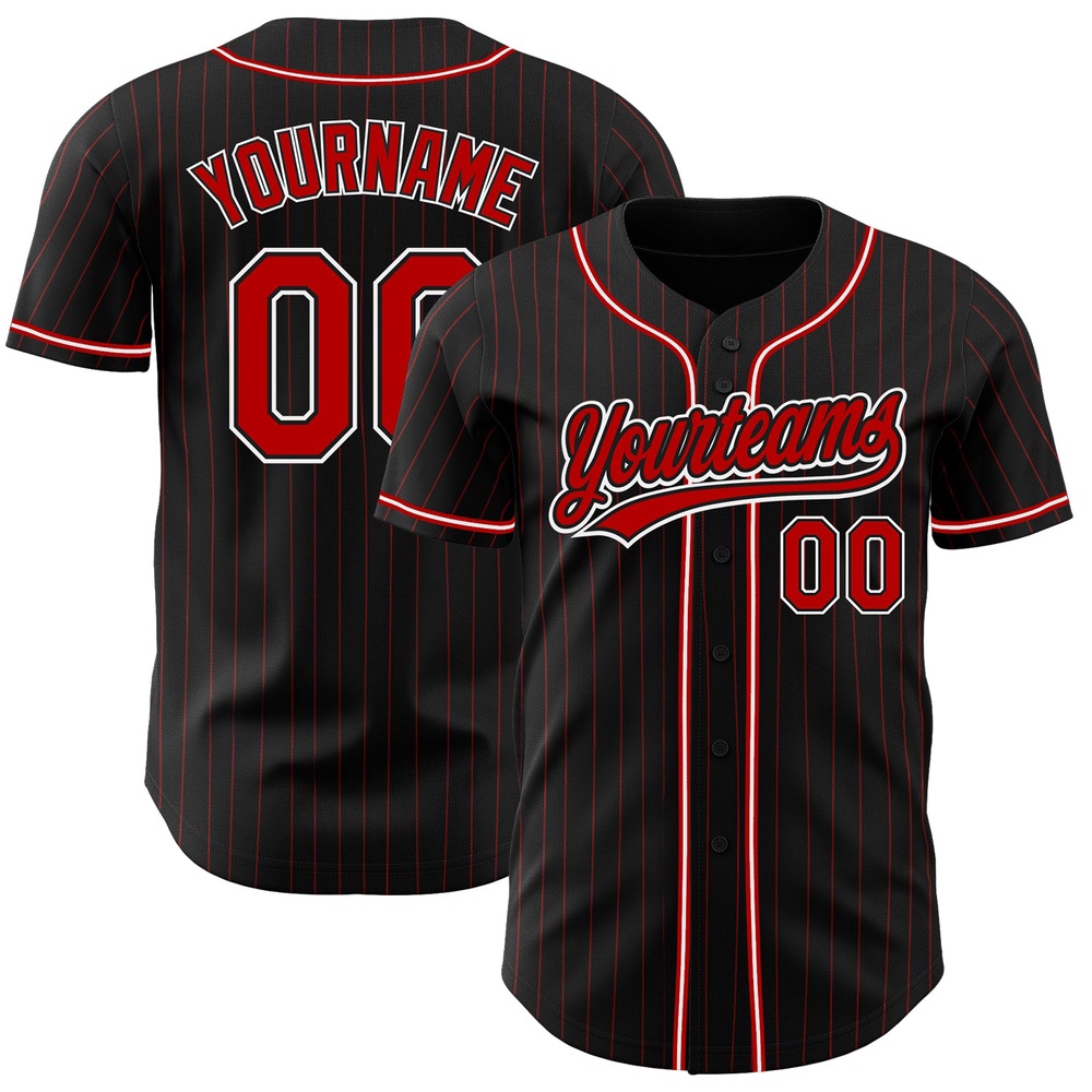 Black Red Pinstripe Red-White Authentic Baseball Jersey, Custom Baseball Jersey, Personalized Sport Jersey