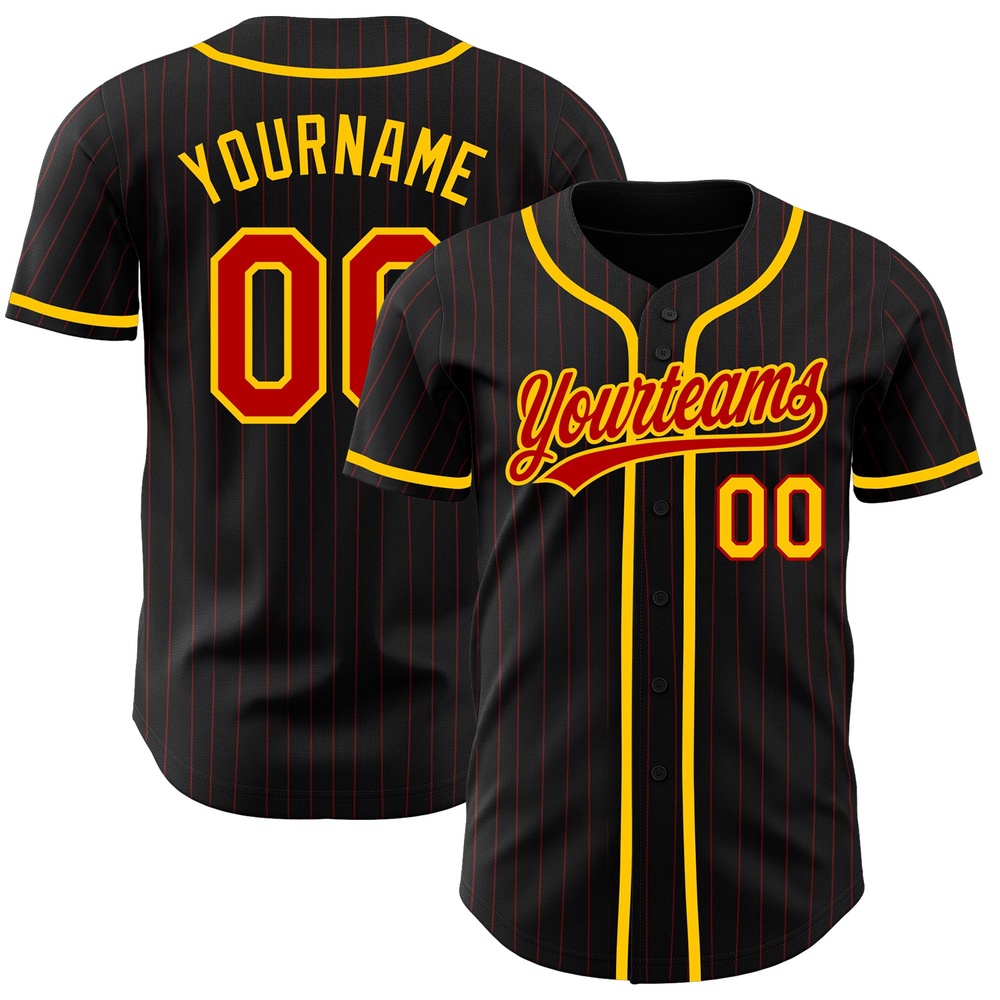 Black Red Pinstripe Red-Yellow Authentic Baseball Jersey, Custom Baseball Jersey, Personalized Sport Jersey