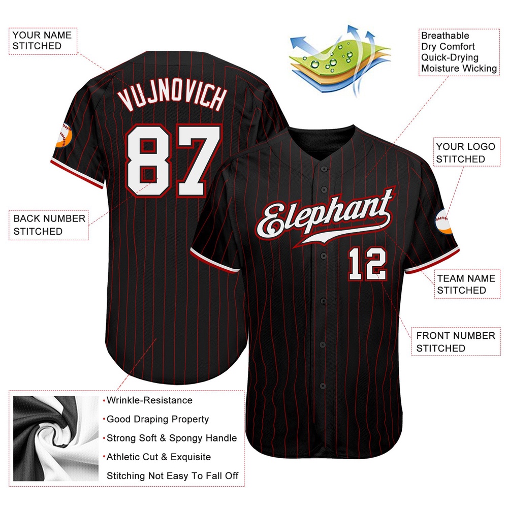 Black Red Pinstripe White-Red Authentic Baseball Jersey, Custom Baseball Jersey, Personalized Sport Jersey
