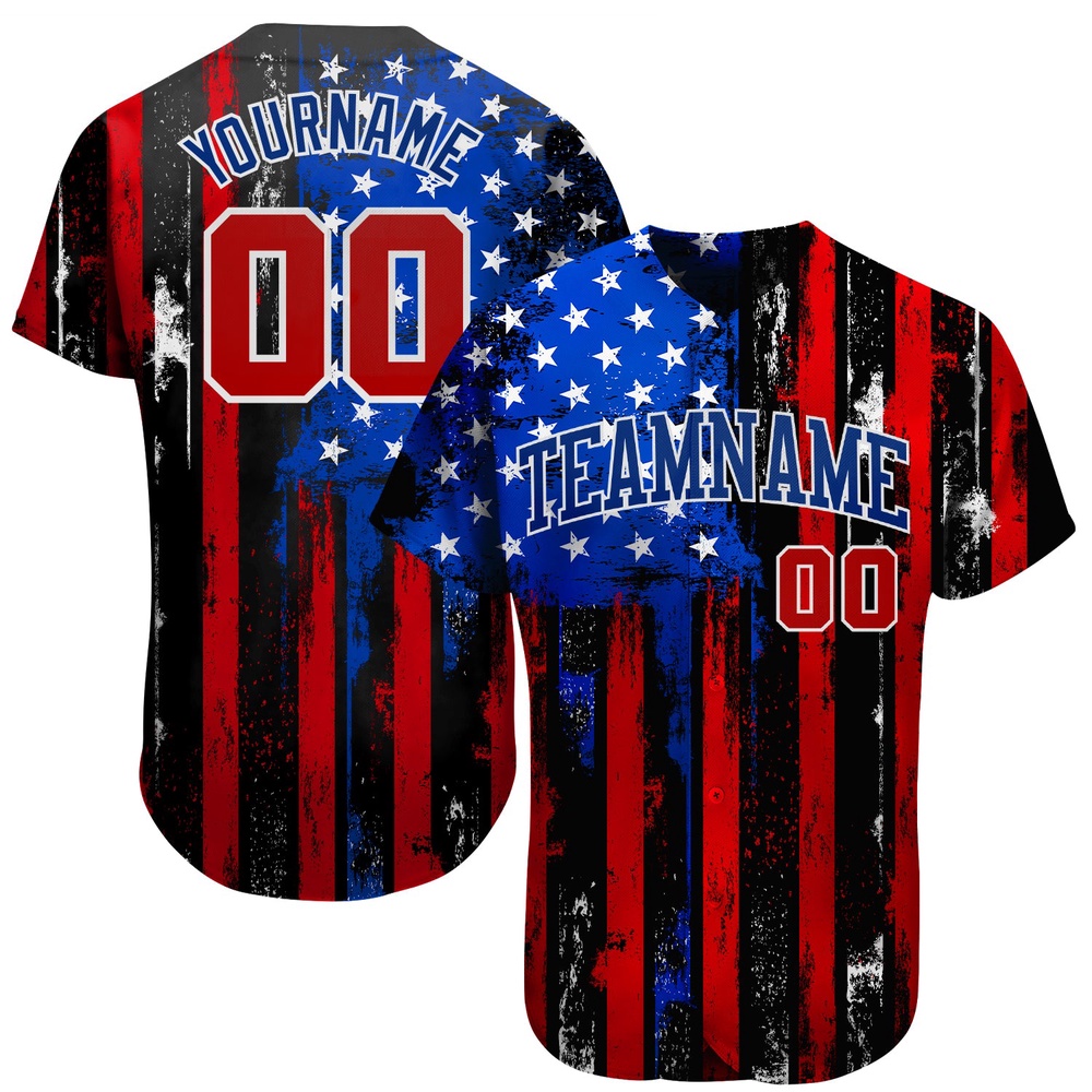 Black Red Royal-White 3D Distressed American Flag Authentic Baseball Jersey, Custom Baseball Jersey, Personalized Sport Jersey