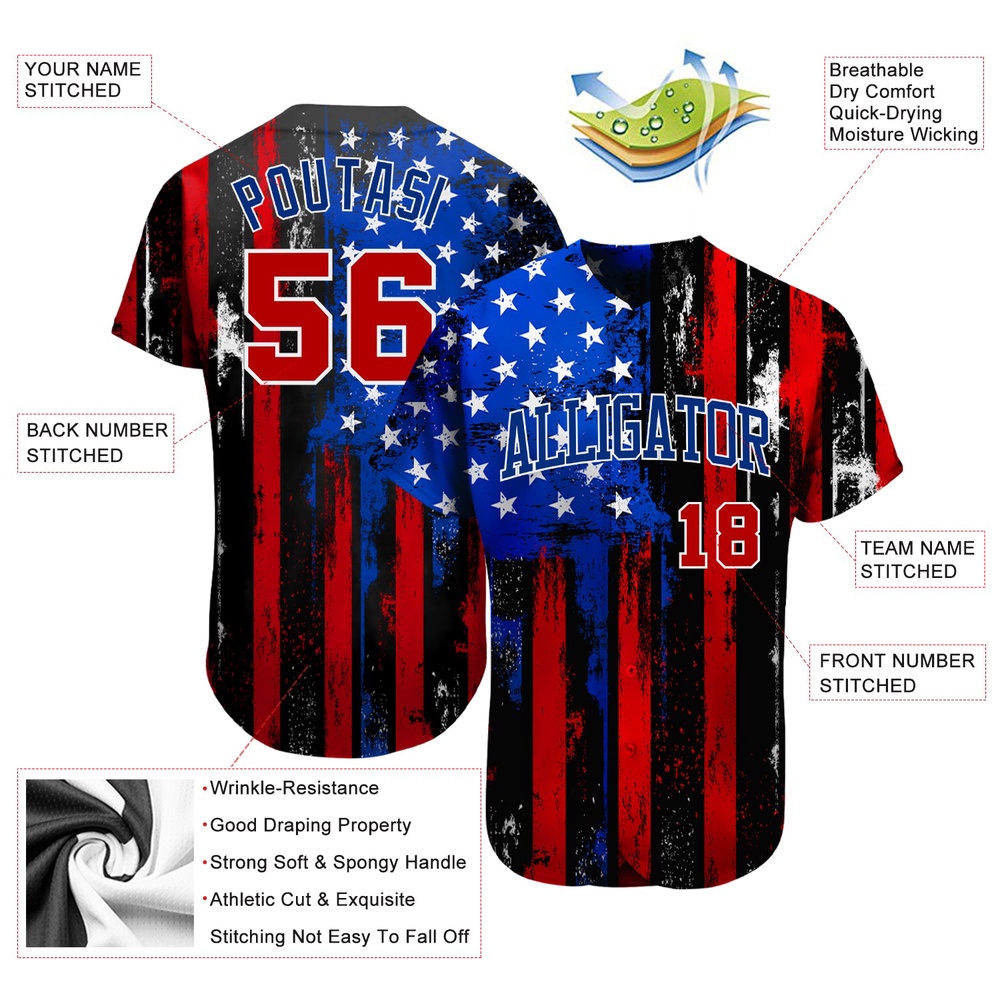Black Red Royal-White 3D Distressed American Flag Authentic Baseball Jersey, Custom Baseball Jersey, Personalized Sport Jersey