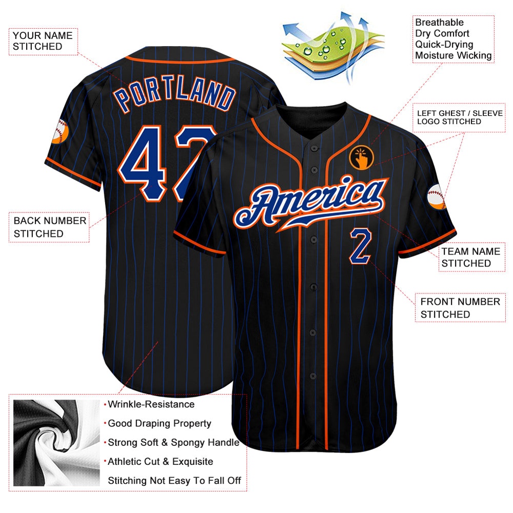 Black Royal Pinstripe Royal-Orange Authentic Baseball Jersey, Custom Baseball Jersey, Personalized Sport Jersey