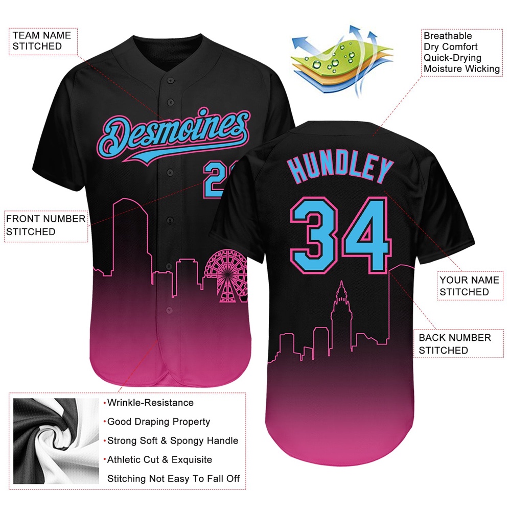 Black Sky Blue-Pink 3D Miami City Edition Fade Fashion Authentic Baseball Jersey, Custom Baseball Jersey, Personalized Sport Jersey