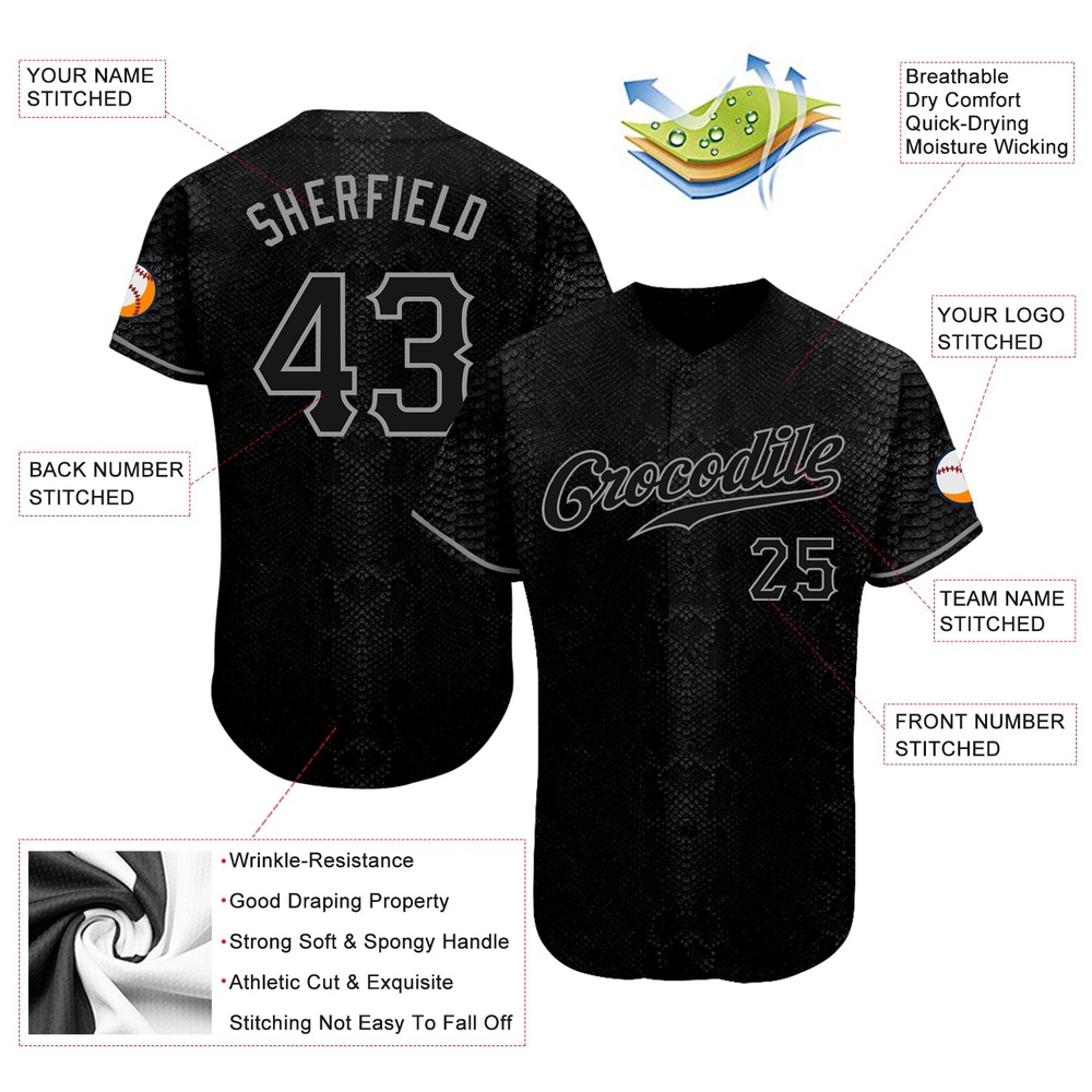 Black Snakeskin Black-Gray 3D Pattern Design Authentic Baseball Jersey, Custom Baseball Jersey, Personalized Sport Jersey