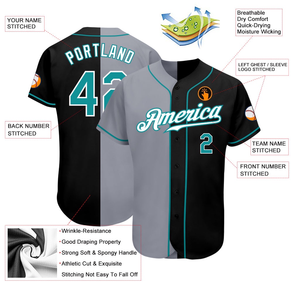 Black Teal-Gray Authentic Split Fashion Baseball Jersey, Custom Baseball Jersey, Personalized Sport Jersey