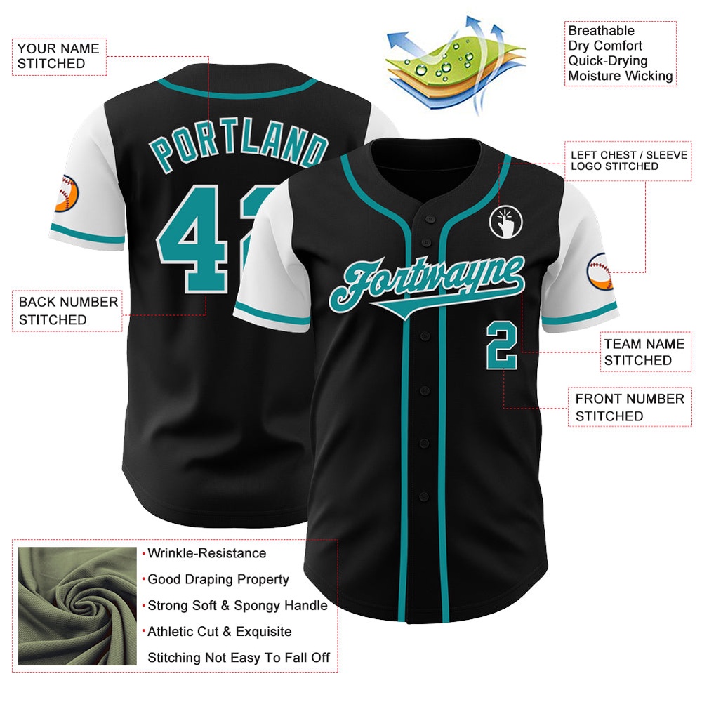Black Teal-White Authentic Two Tone Baseball Jersey, Custom Baseball Jersey, Personalized Sport Jersey
