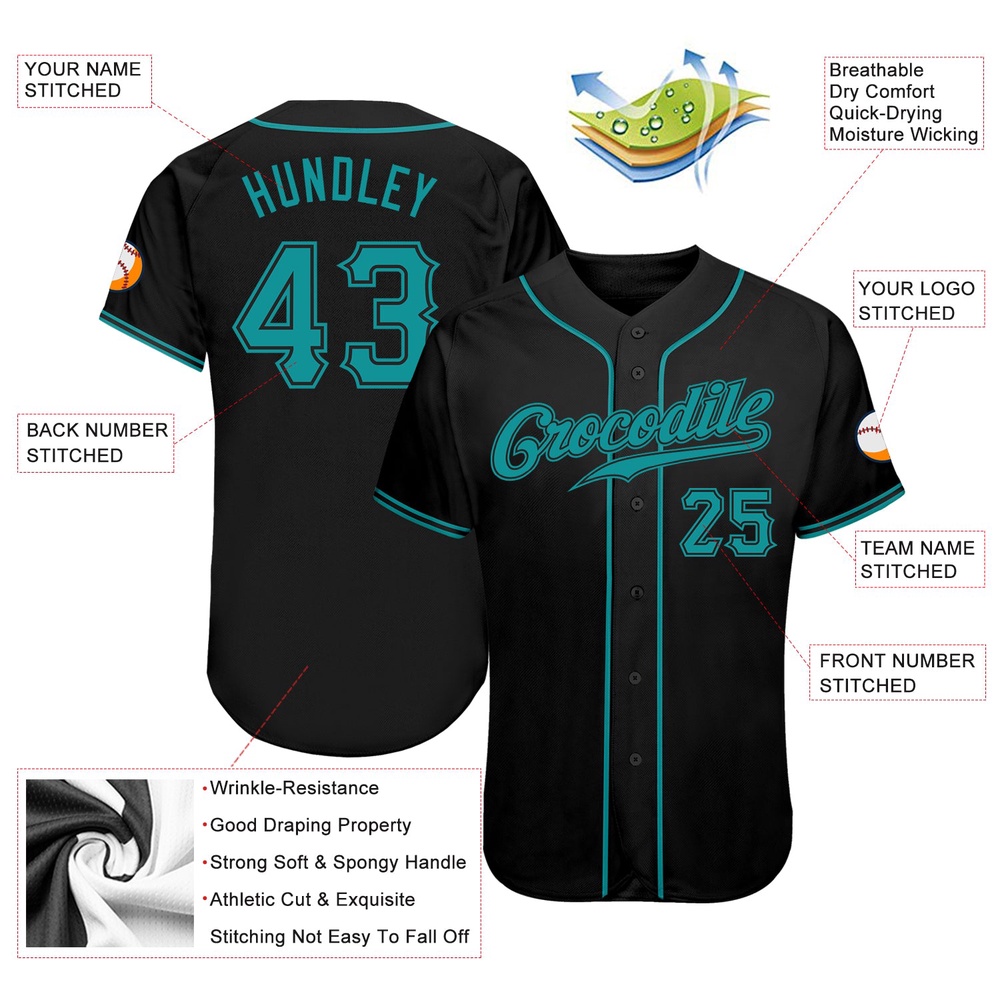 Black Teal Authentic Baseball Jersey, Custom Baseball Jersey, Personalized Sport Jersey