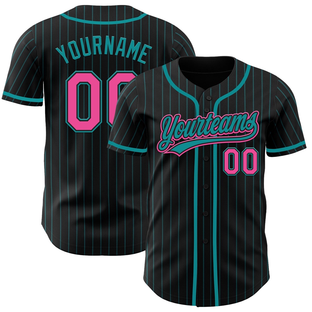 Black Teal Pinstripe Pink Authentic Baseball Jersey, Custom Baseball Jersey, Personalized Sport Jersey