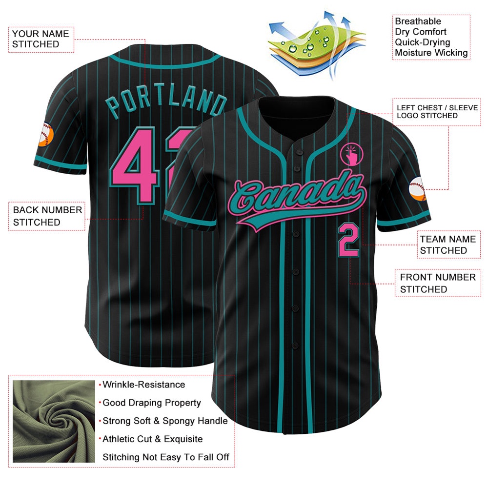 Black Teal Pinstripe Pink Authentic Baseball Jersey, Custom Baseball Jersey, Personalized Sport Jersey