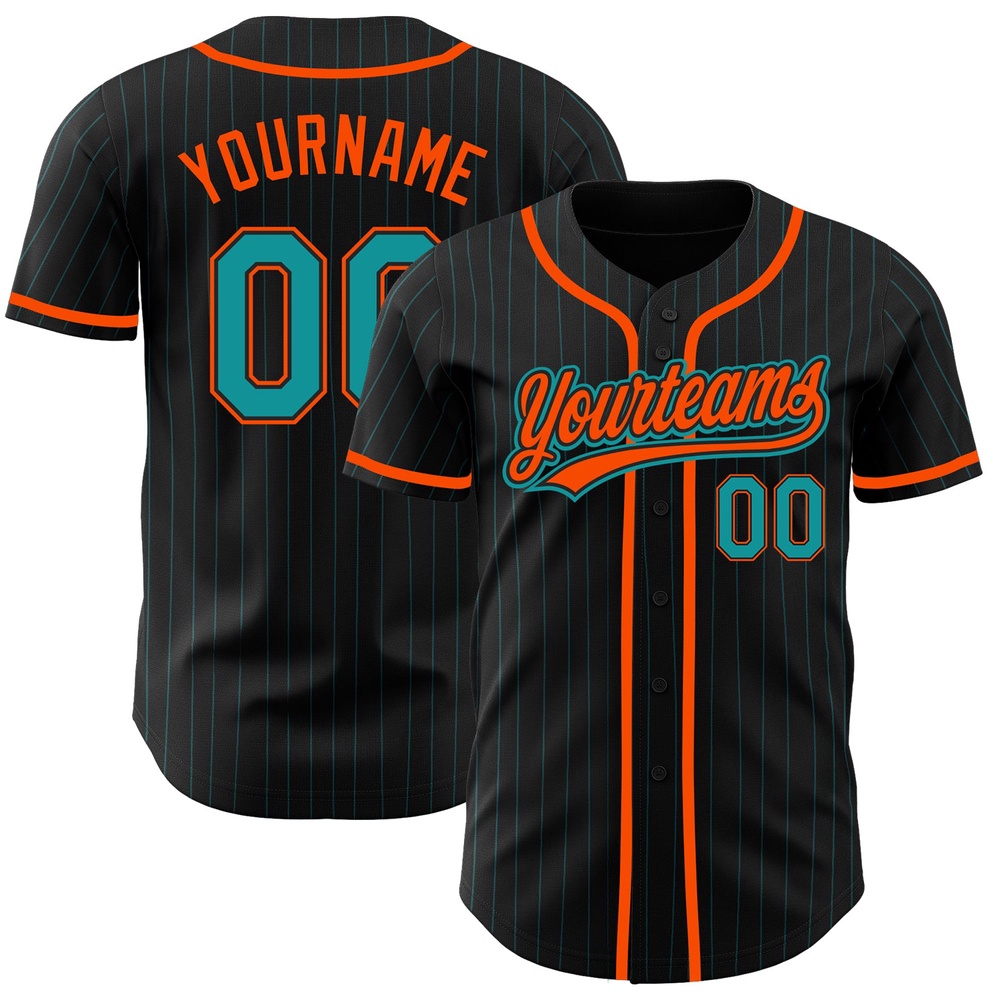 Black Teal Pinstripe Teal-Orange Authentic Baseball Jersey, Custom Baseball Jersey, Personalized Sport Jersey Black Teal Pinstripe Teal-Orange Authentic Baseball Jersey, Custom Baseball Jersey, Personalized Sport Jersey