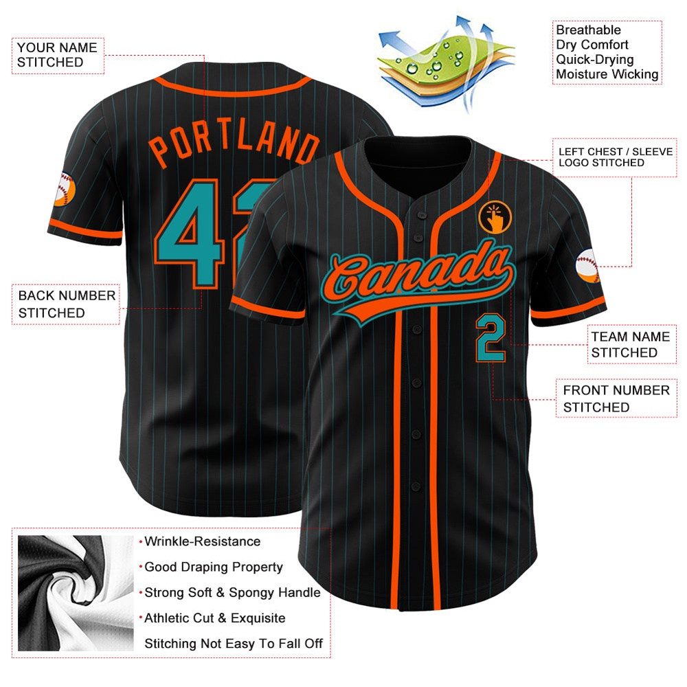 Black Teal Pinstripe Teal-Orange Authentic Baseball Jersey, Custom Baseball Jersey, Personalized Sport Jersey Black Teal Pinstripe Teal-Orange Authentic Baseball Jersey, Custom Baseball Jersey, Personalized Sport Jersey
