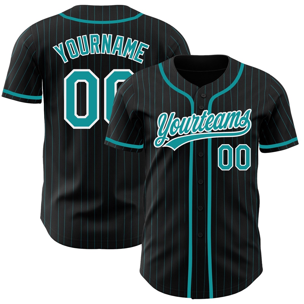 Black Teal Pinstripe Teal-White Authentic Baseball Jersey, Custom Baseball Jersey, Personalized Sport Jersey Black Teal Pinstripe Teal-White Authentic Baseball Jersey, Custom Baseball Jersey, Personalized Sport Jersey