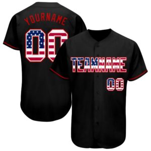 Black USA Flag-Red Authentic Baseball Jersey, Custom&hellip;