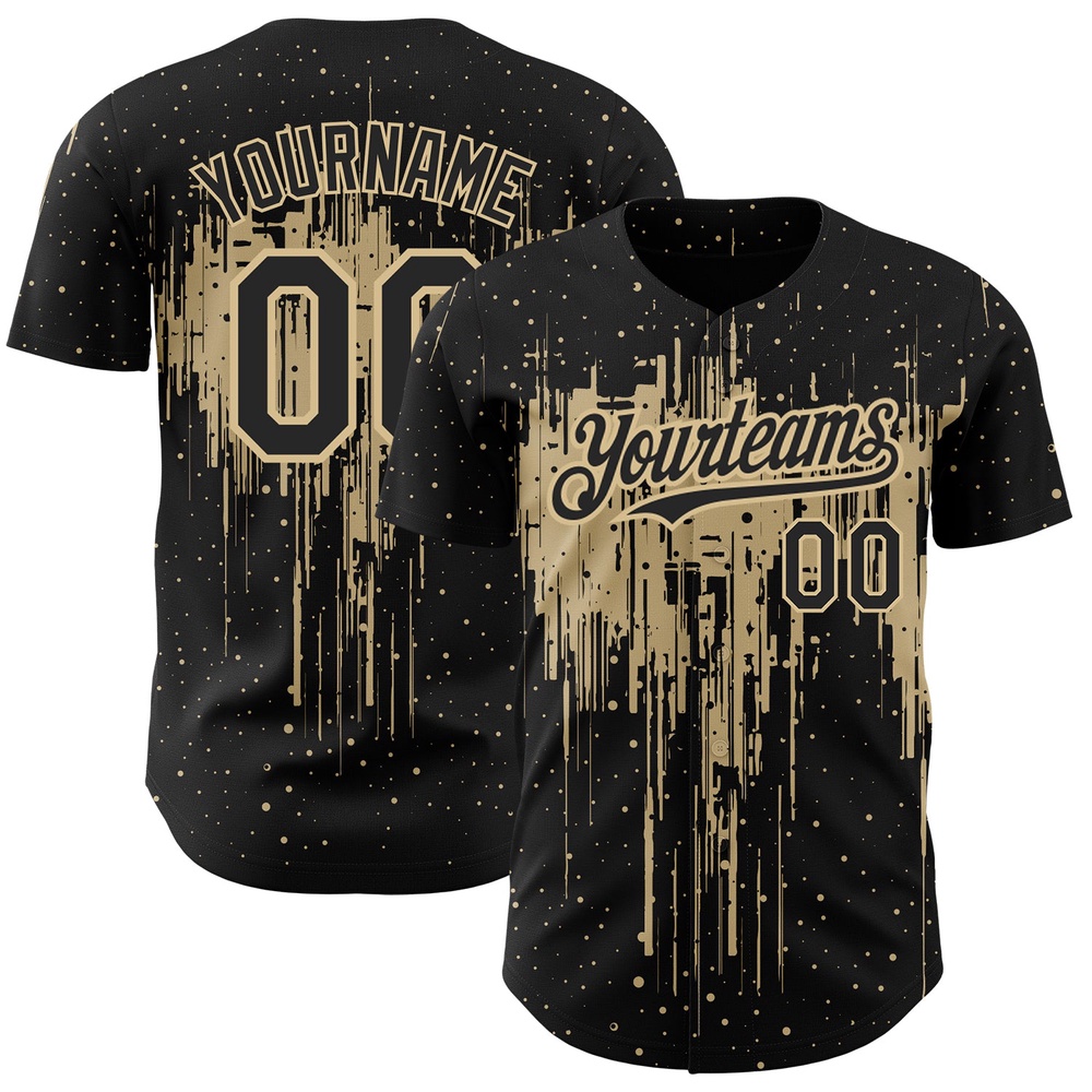 Black Vegas Gold 3D Pattern Design Dripping Splatter Art Authentic Baseball Jersey, Custom Baseball Jersey, Personalized Sport Jersey Black Vegas Gold 3D Pattern Design Dripping Splatter Art Authentic Baseball Jersey, Custom Baseball Jersey, Personalized Sport Jersey