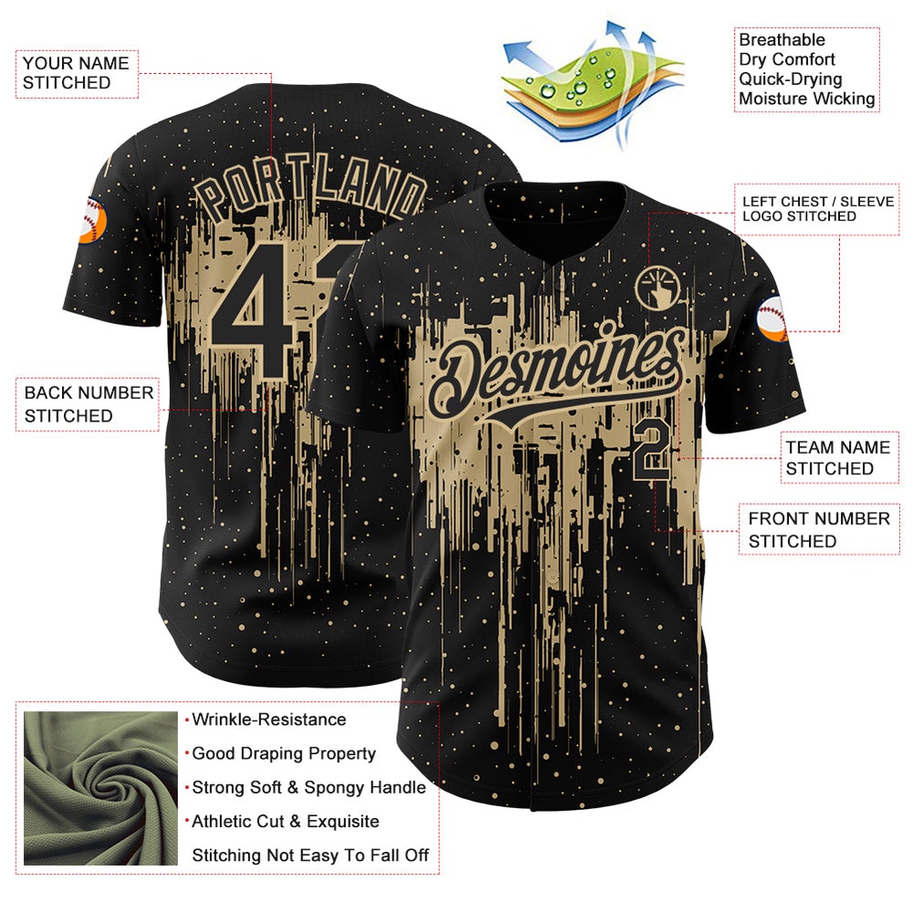 Black Vegas Gold 3D Pattern Design Dripping Splatter Art Authentic Baseball Jersey, Custom Baseball Jersey, Personalized Sport Jersey Black Vegas Gold 3D Pattern Design Dripping Splatter Art Authentic Baseball Jersey, Custom Baseball Jersey, Personalized Sport Jersey