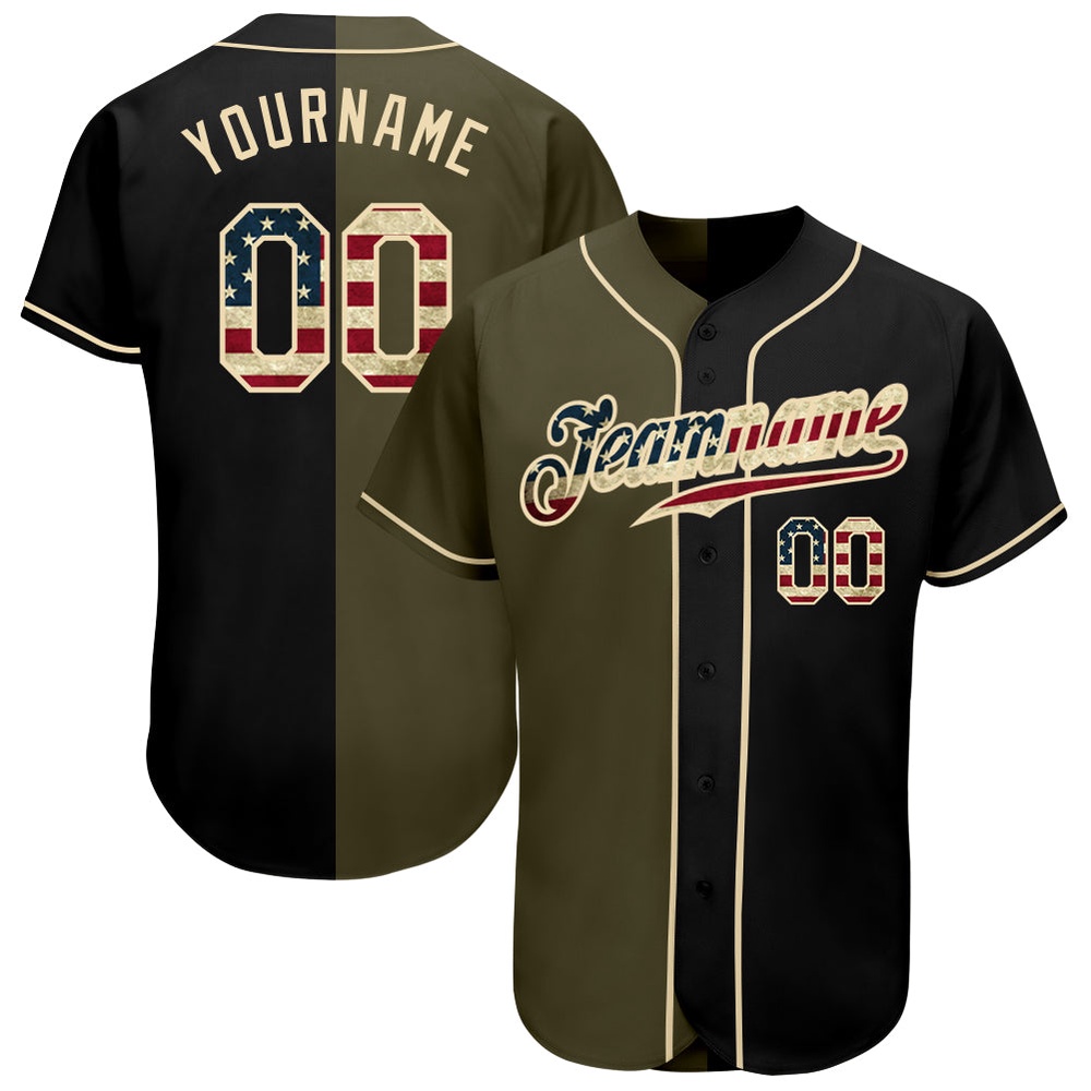 Black Vintage USA Flag-Olive Authentic Split Fashion Baseball Jersey, Custom Baseball Jersey, Personalized Sport Jersey