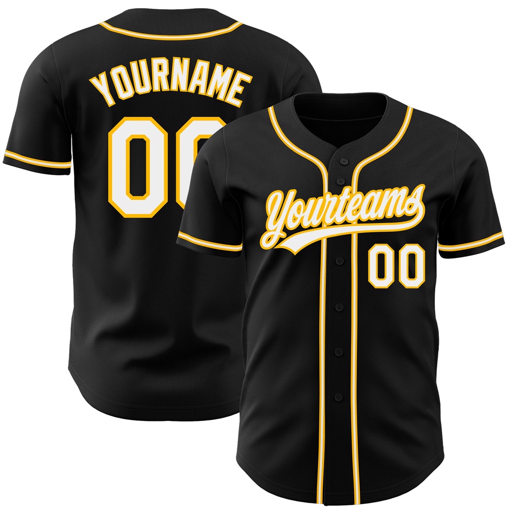 Black White-Gold Authentic Baseball Jersey, Custom Baseball Jersey, Personalized Sport Jersey