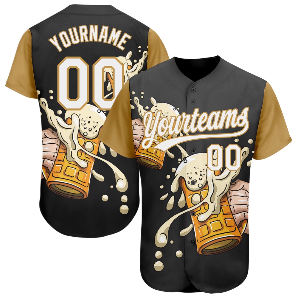 Black White-Old Gold 3D Pattern Design Beer Festival Authentic Baseball Jersey, Custom Baseball Jersey, Personalized Sport Jersey