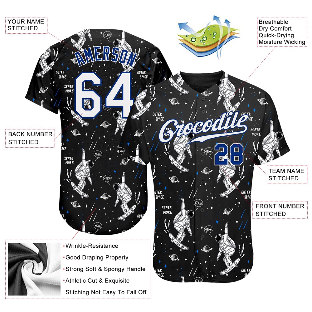 Black White-Royal 3D Pattern Design Astronaut Authentic Baseball Jersey, Custom Baseball Jersey, Personalized Sport Jersey