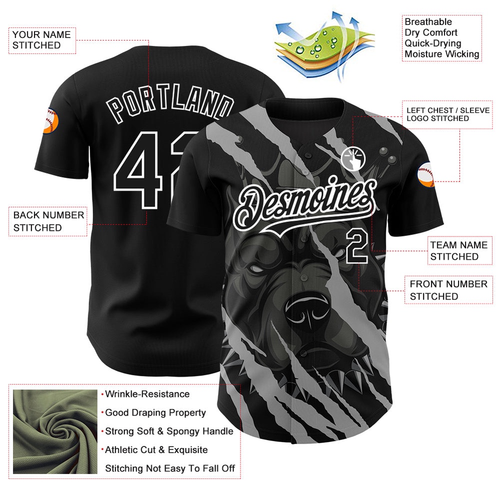 Black White 3D Pattern Design Animal Pitbull Dog Authentic Baseball Jersey, Custom Baseball Jersey, Personalized Sport Jersey