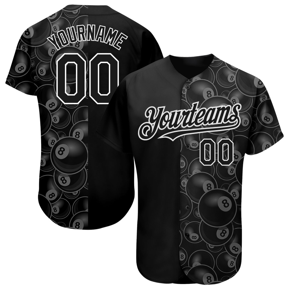 Black White 3D Pattern Design Billiards Snooker 8 Ball Authentic Baseball Jersey, Custom Baseball Jersey, Personalized Sport Jersey