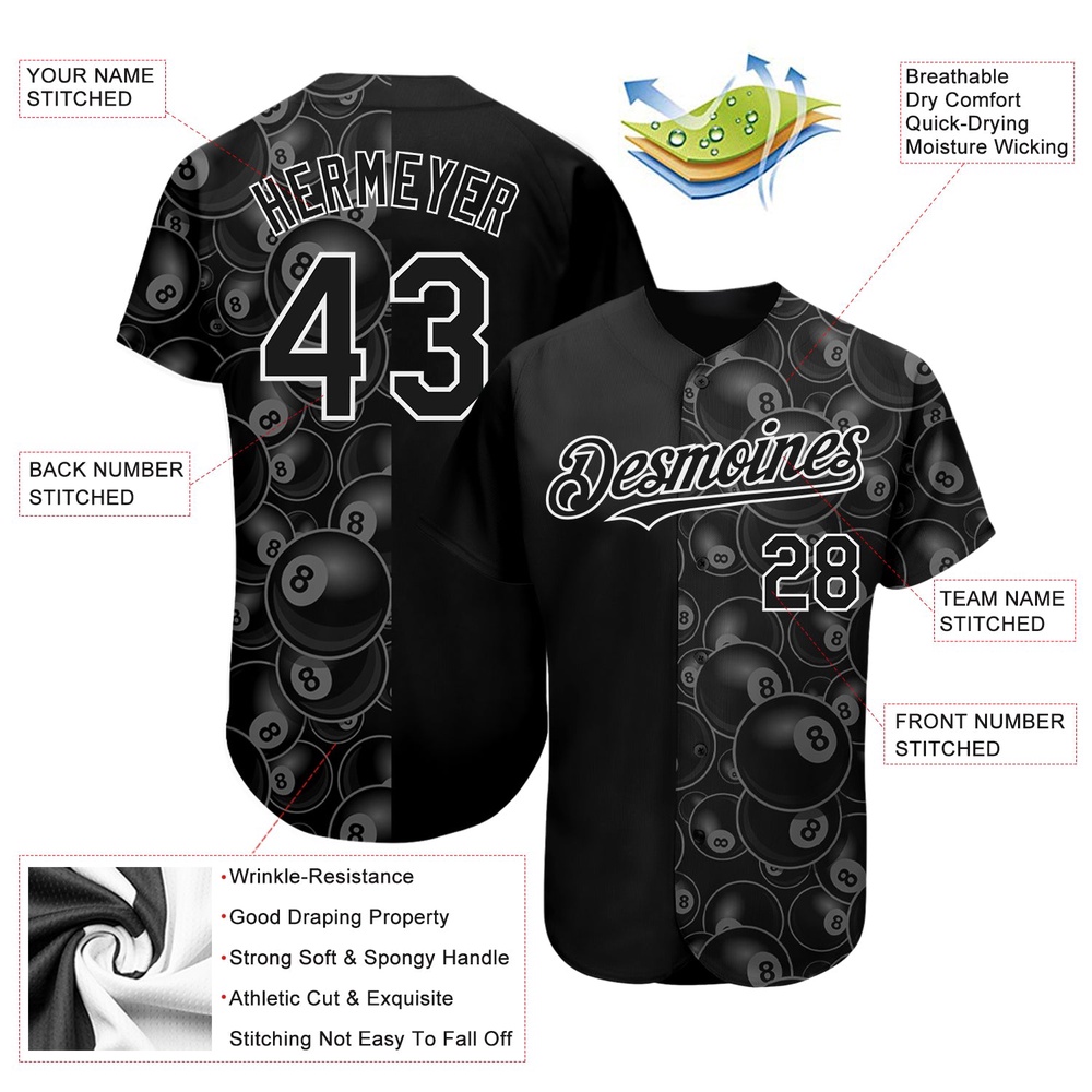 Black White 3D Pattern Design Billiards Snooker 8 Ball Authentic Baseball Jersey, Custom Baseball Jersey, Personalized Sport Jersey