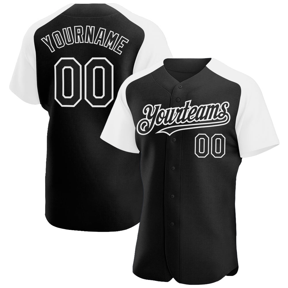 Black White Authentic Raglan Sleeves Baseball Jersey, Custom Baseball Jersey, Personalized Sport Jersey
