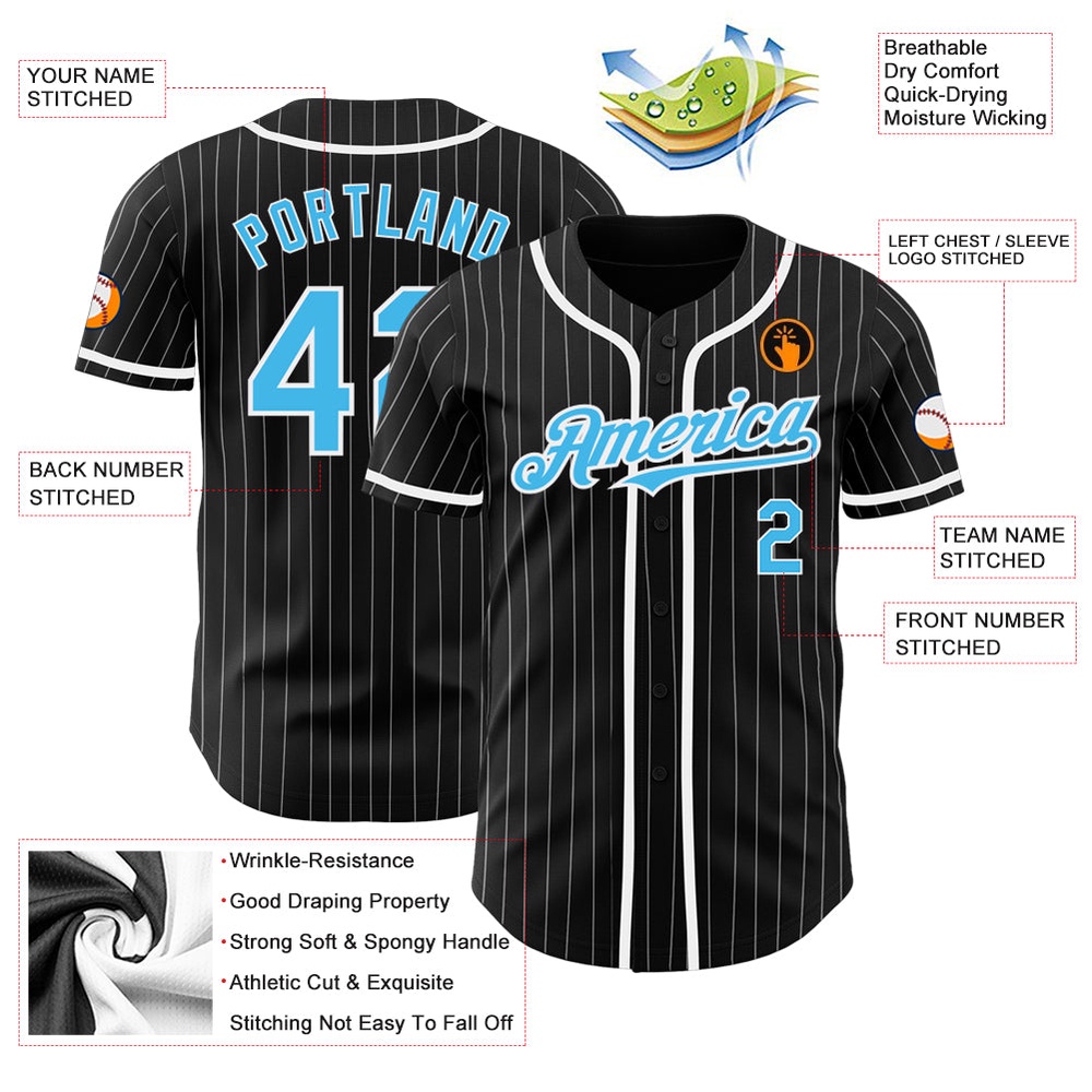 Black White Pinstripe-Sky Blue Authentic Baseball Jersey, Custom Baseball Jersey, Personalized Sport Jersey
