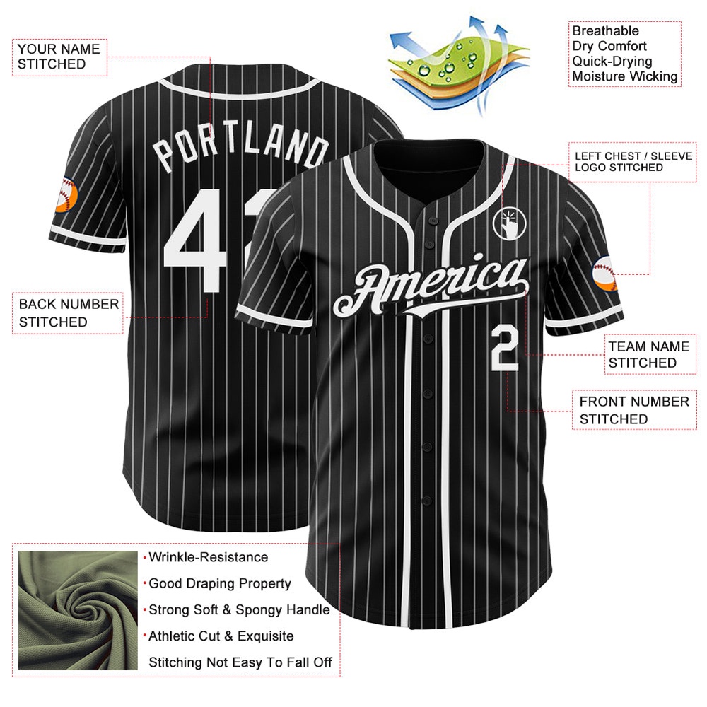 Black White Pinstripe Authentic Baseball Jersey, Custom Baseball Jersey, Personalized Sport Jersey