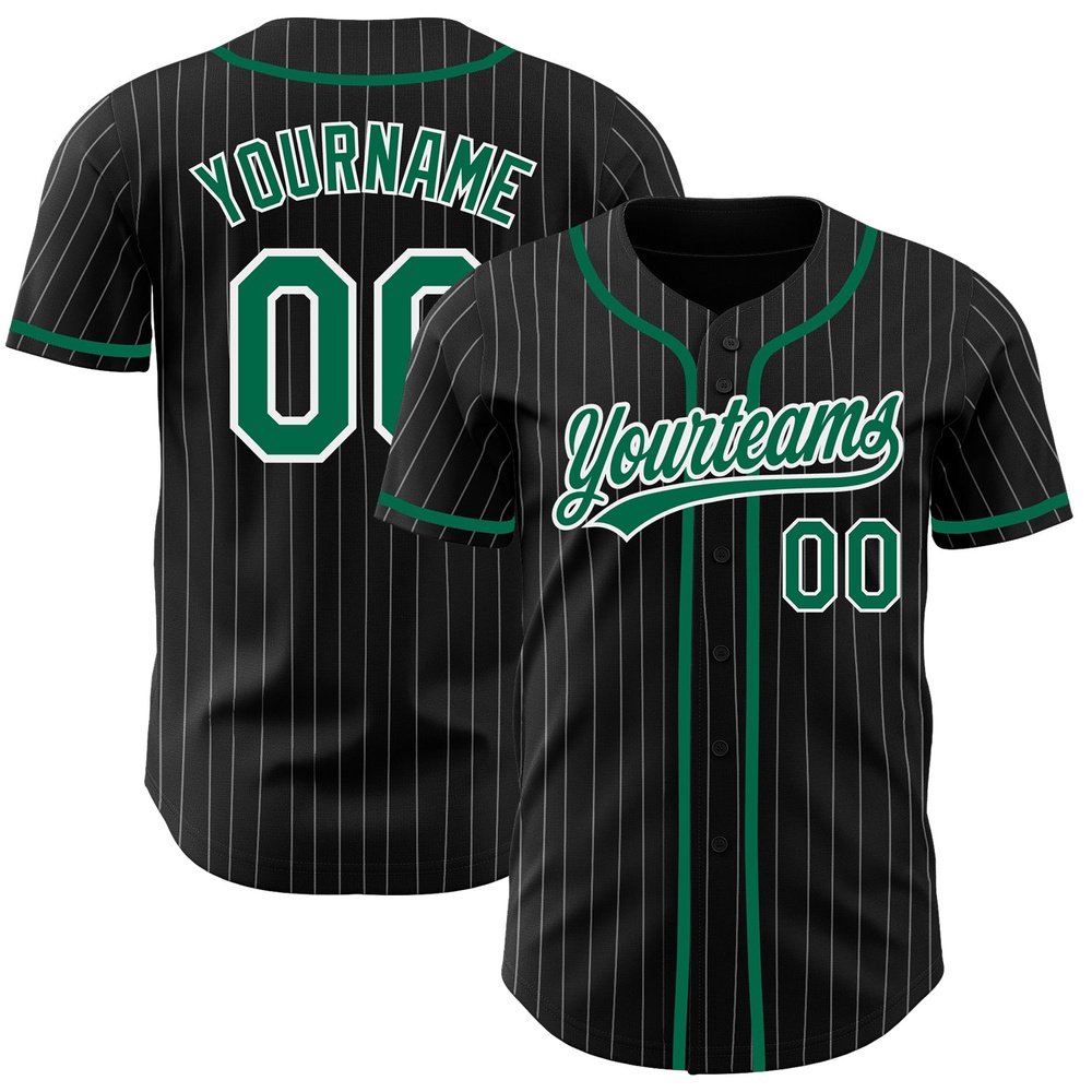 Black White Pinstripe Kelly Green Authentic Baseball Jersey, Custom Baseball Jersey, Personalized Sport Jersey Black White Pinstripe Kelly Green Authentic Baseball Jersey, Custom Baseball Jersey, Personalized Sport Jersey