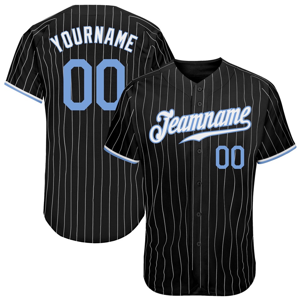 Black White Pinstripe Light Blue-White Authentic Baseball Jersey, Custom Baseball Jersey, Personalized Sport Jersey