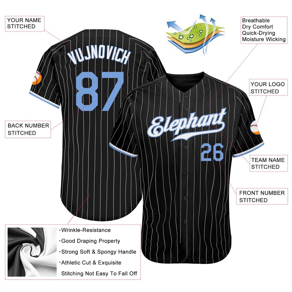 Black White Pinstripe Light Blue-White Authentic Baseball Jersey, Custom Baseball Jersey, Personalized Sport Jersey