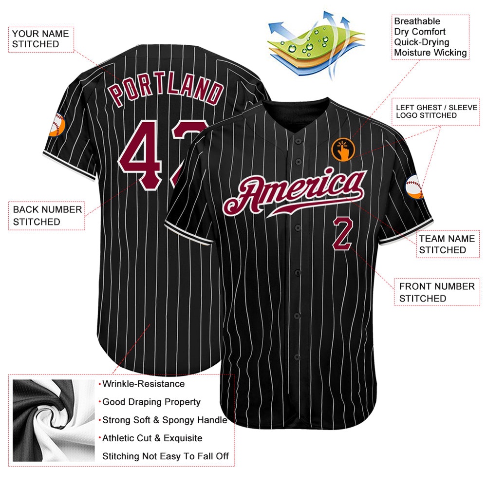 Black White Pinstripe Maroon-White Authentic Baseball Jersey, Custom Baseball Jersey, Personalized Sport Jersey