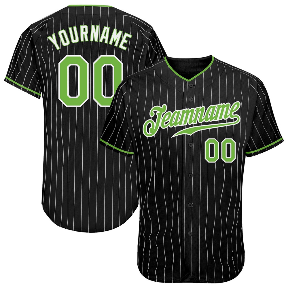 Black White Pinstripe Neon Green-White Authentic Baseball Jersey, Custom Baseball Jersey, Personalized Sport Jersey