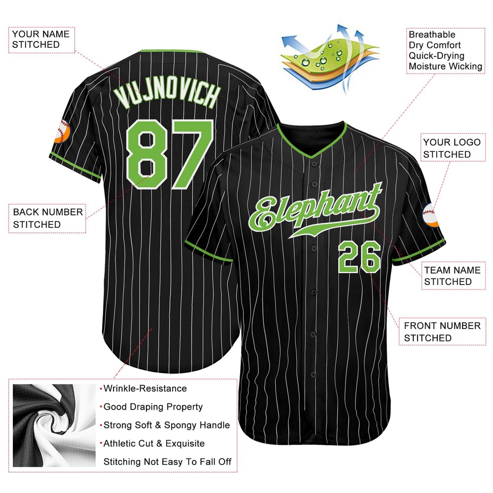 Black White Pinstripe Neon Green-White Authentic Baseball Jersey, Custom Baseball Jersey, Personalized Sport Jersey