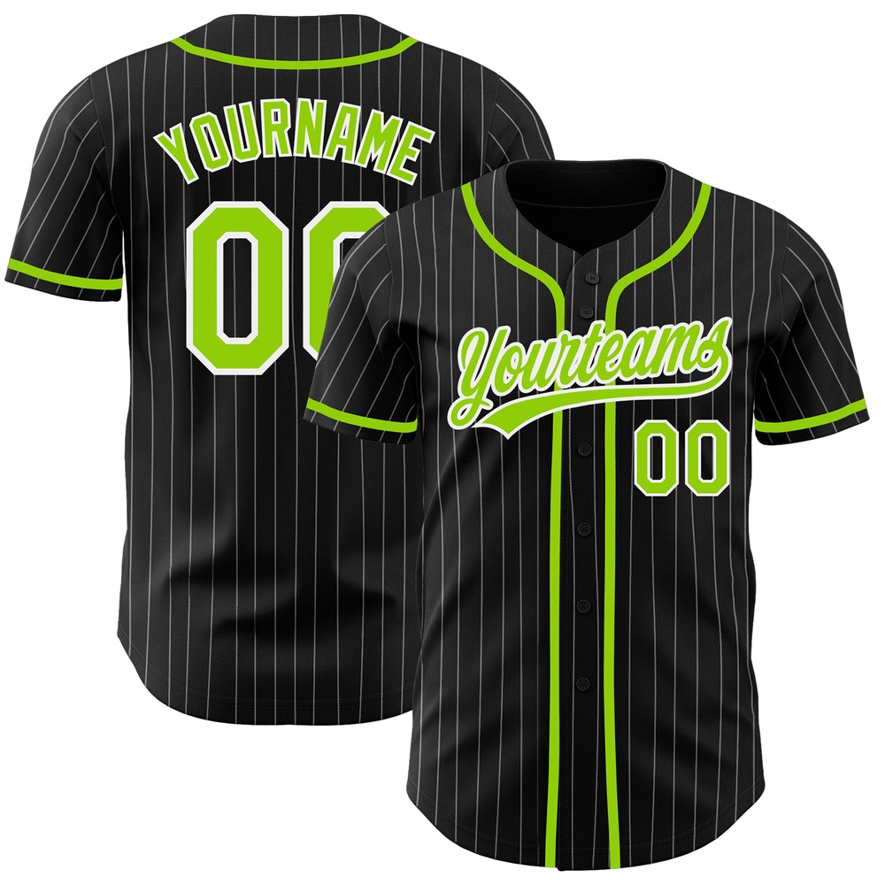 Black White Pinstripe Neon Green Authentic Baseball Jersey, Custom Baseball Jersey, Personalized Sport Jersey