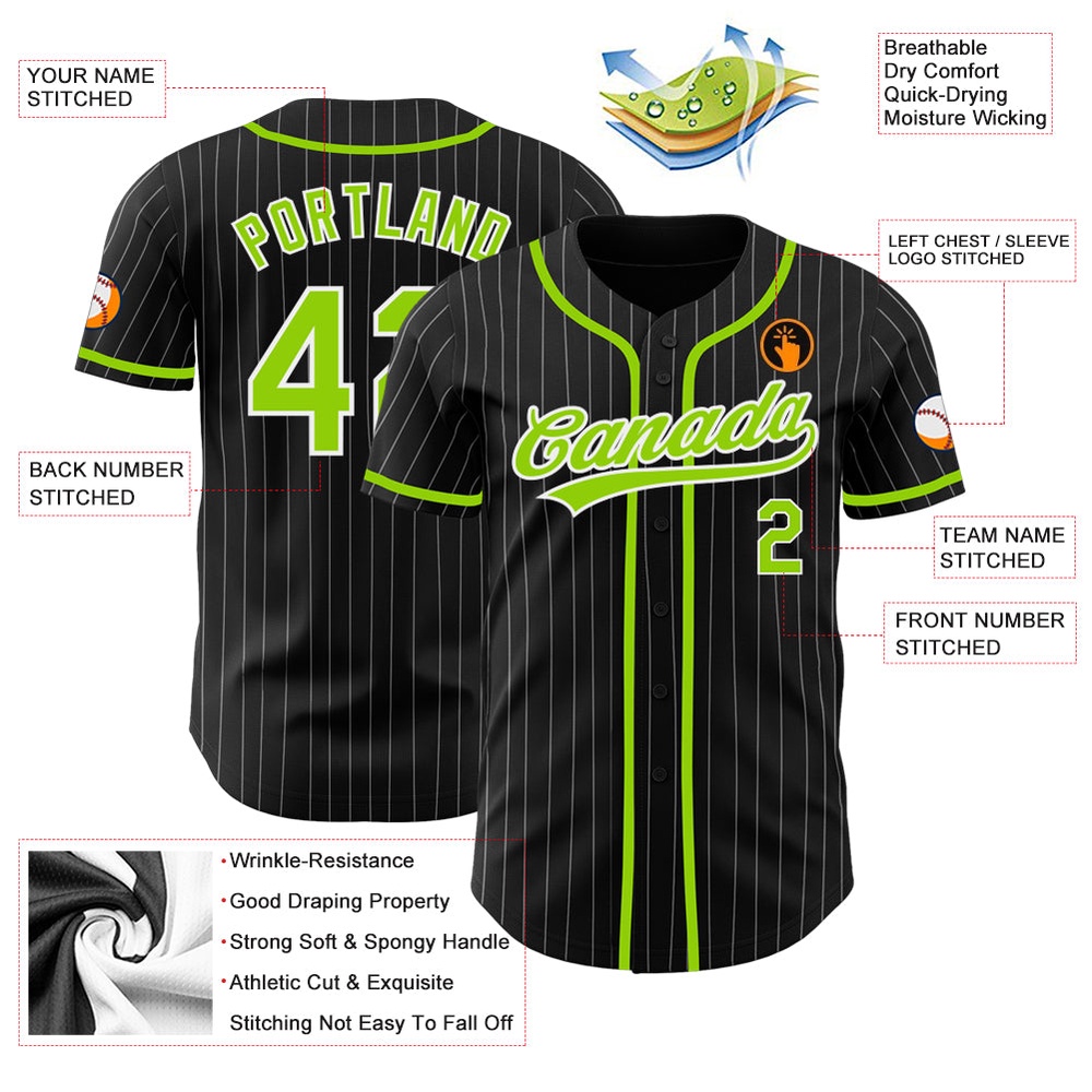 Black White Pinstripe Neon Green Authentic Baseball Jersey, Custom Baseball Jersey, Personalized Sport Jersey
