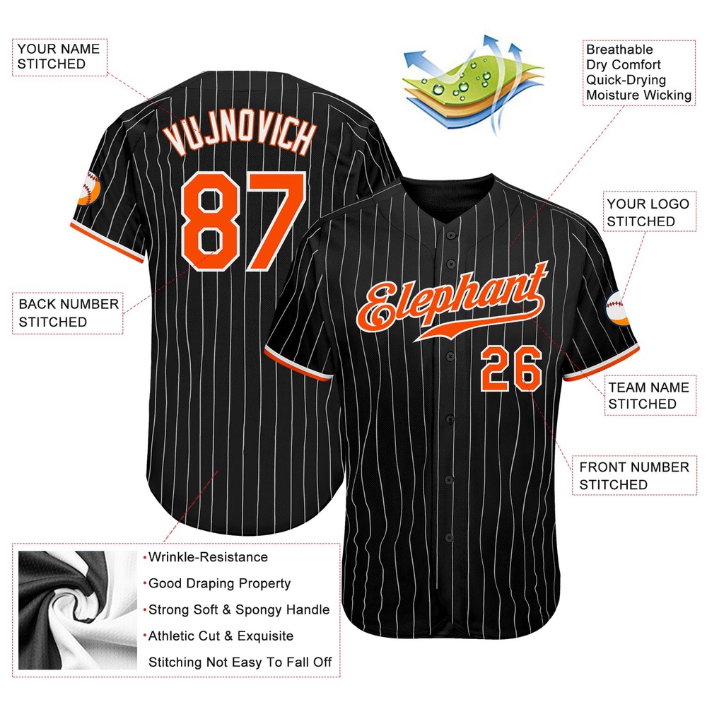 Black White Pinstripe Orange-White Authentic Baseball Jersey, Custom Baseball Jersey, Personalized Sport Jersey