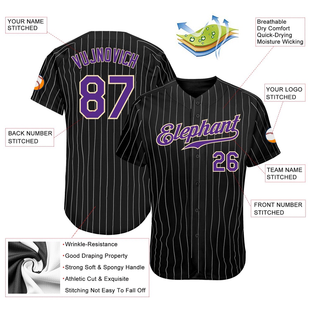 Black White Pinstripe Purple-White Authentic Baseball Jersey, Custom Baseball Jersey, Personalized Sport Jersey