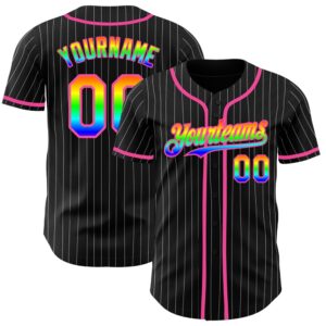 Black White Pinstripe Rainbow-Pink 3D Authentic Baseball&hellip;