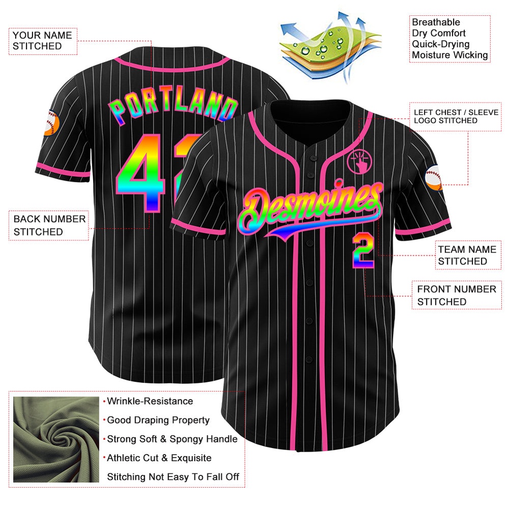 Black White Pinstripe Rainbow-Pink 3D Authentic Baseball Jersey, Custom Baseball Jersey, Personalized Sport Jersey