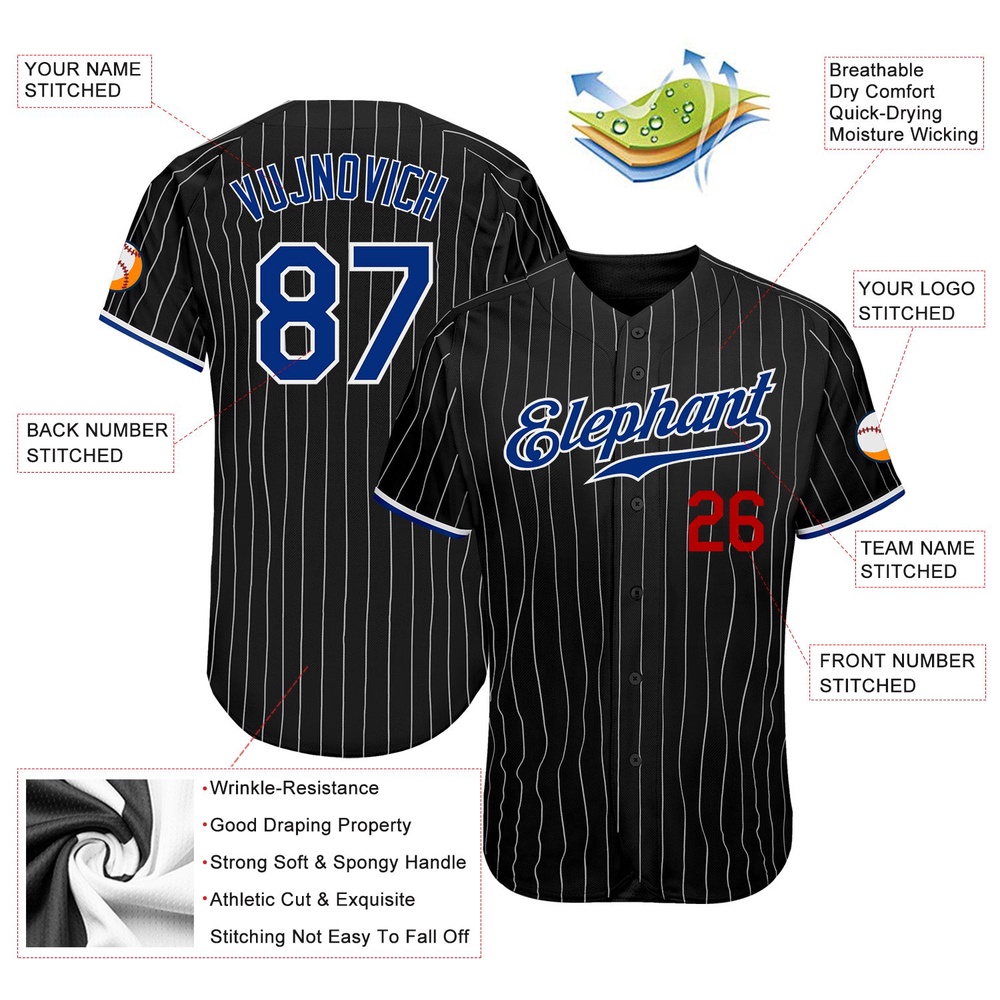 Black White Pinstripe Royal-Red Authentic Baseball Jersey, Custom Baseball Jersey, Personalized Sport Jersey