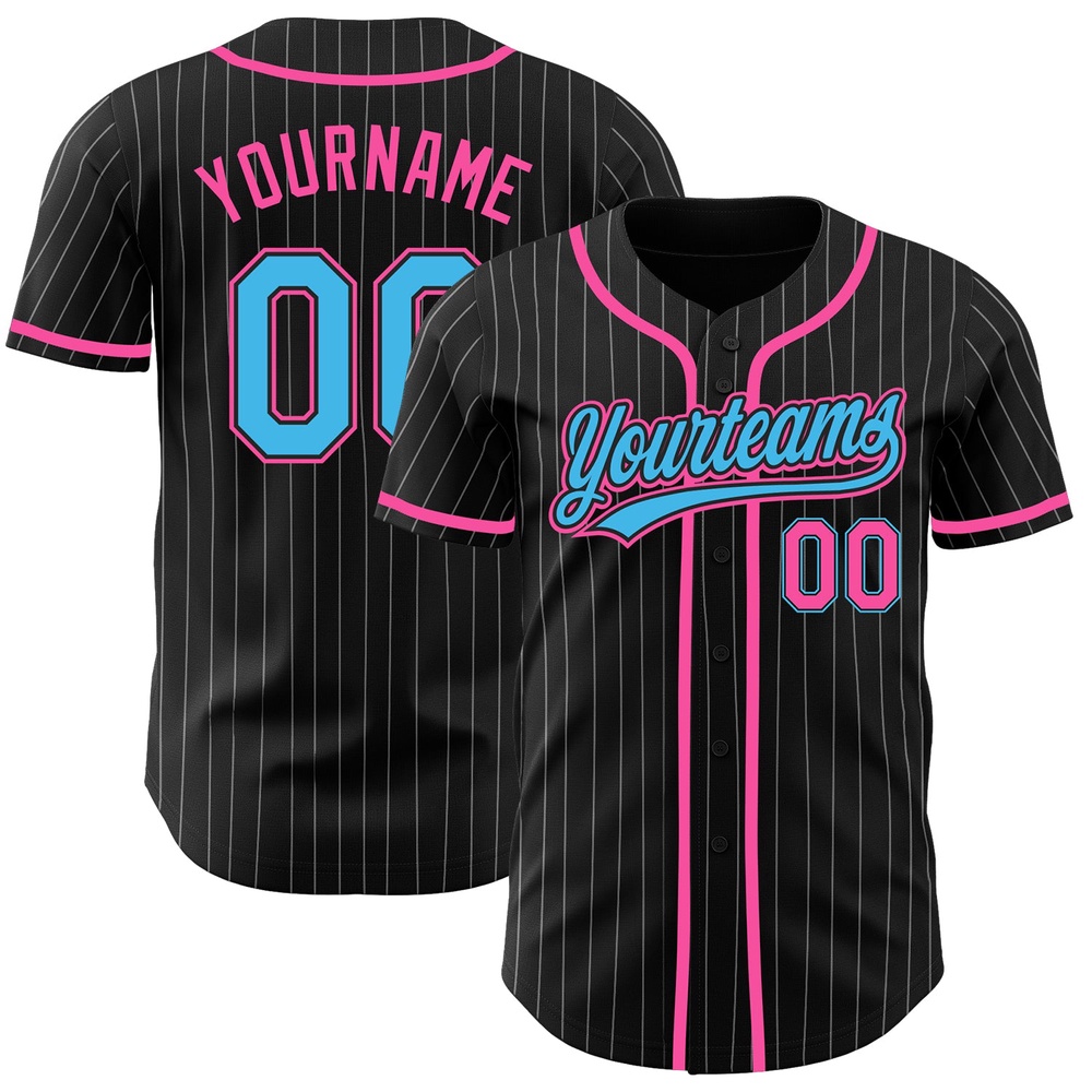 Black White Pinstripe Sky Blue-Pink Authentic Baseball Jersey, Custom Baseball Jersey, Personalized Sport Jersey
