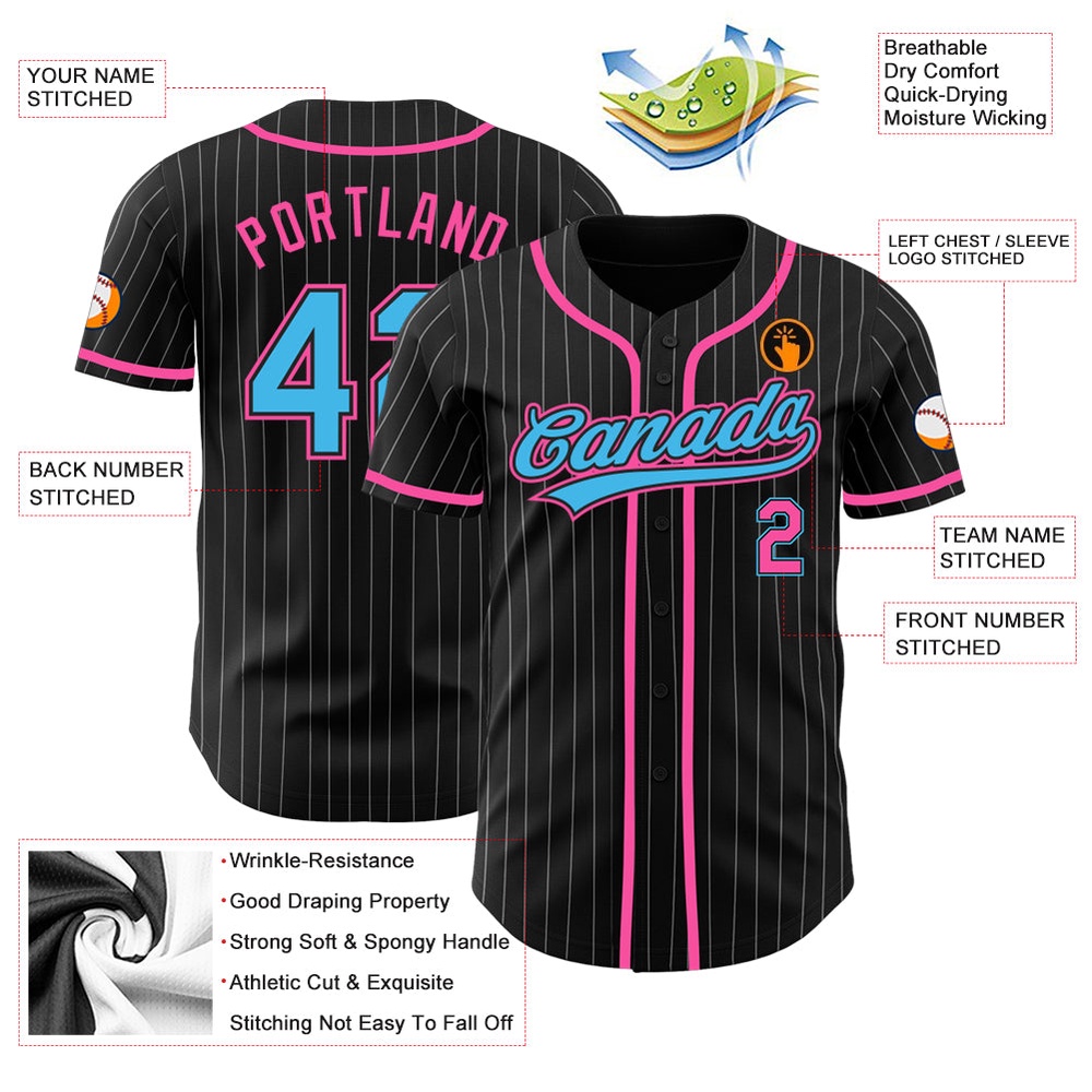 Black White Pinstripe Sky Blue-Pink Authentic Baseball Jersey, Custom Baseball Jersey, Personalized Sport Jersey