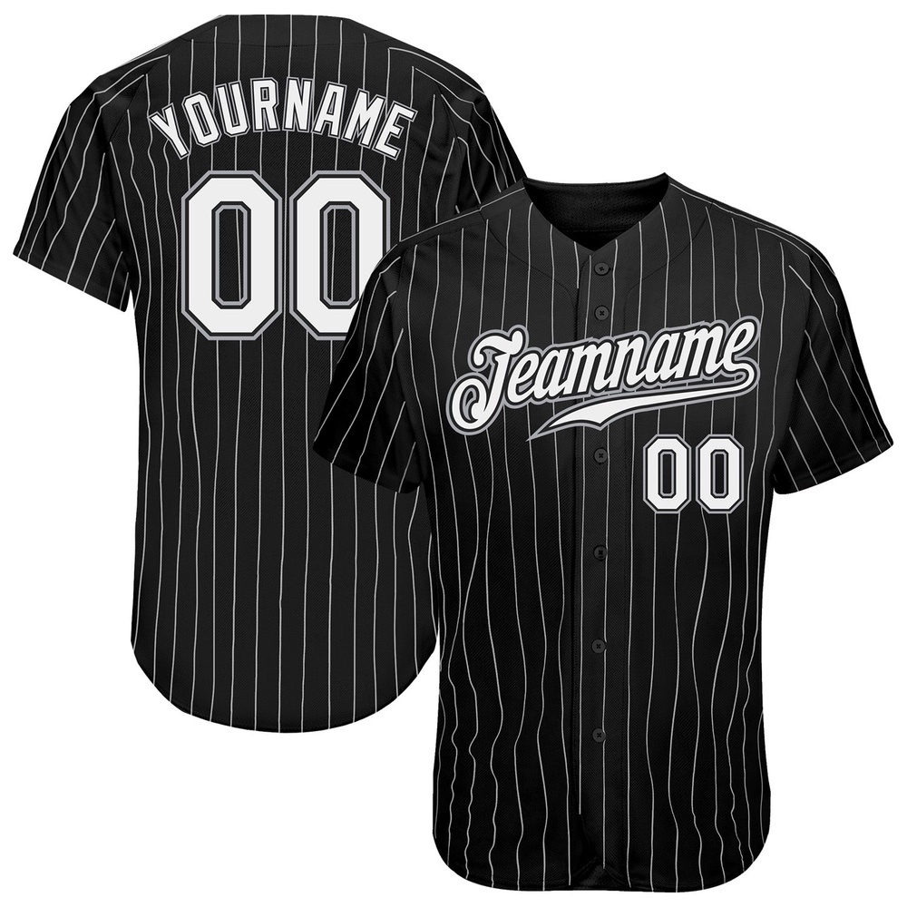 Black White Pinstripe White-Gray Authentic Baseball Jersey, Custom Baseball Jersey, Personalized Sport Jersey