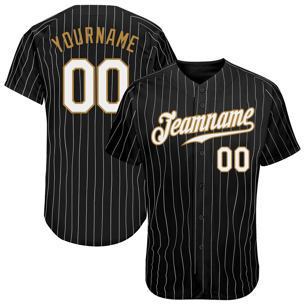 Black White Pinstripe White-Old Gold Authentic Baseball Jersey, Custom Baseball Jersey, Personalized Sport Jersey