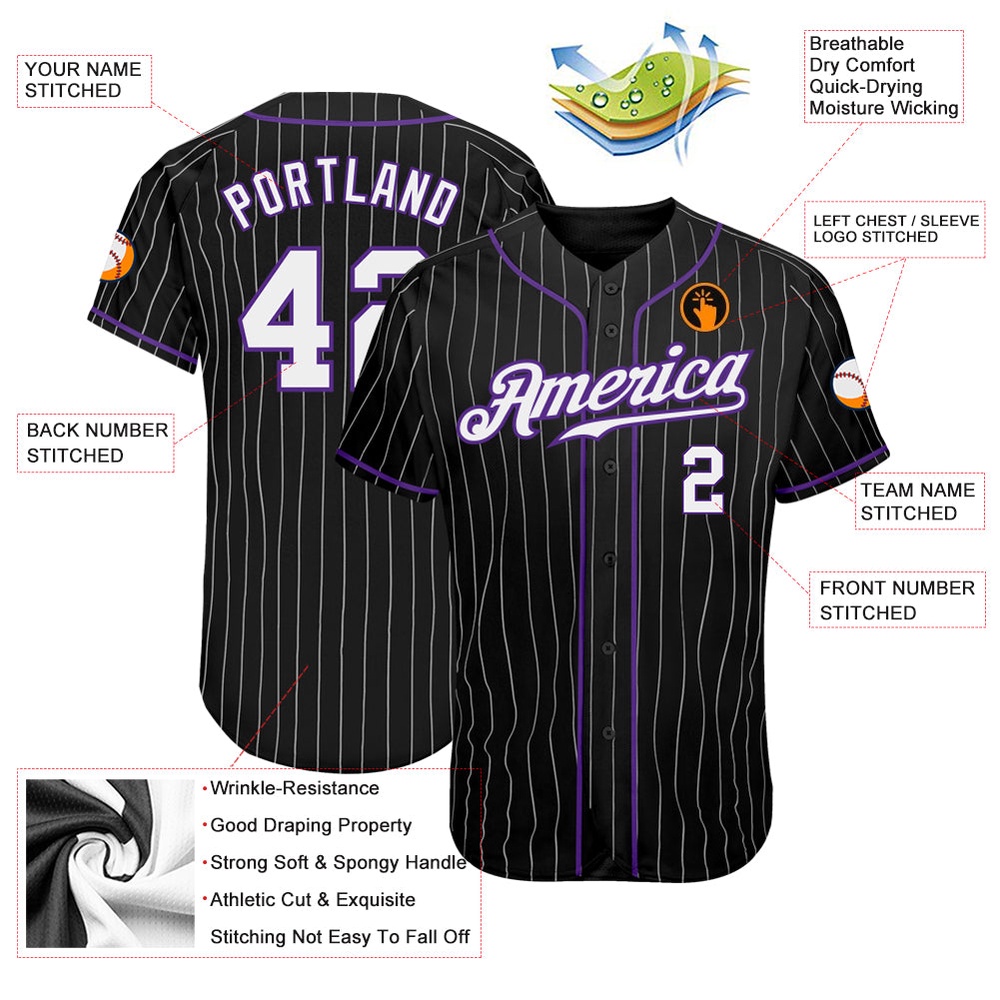 Black White Pinstripe White-Purple Authentic Baseball Jersey, Custom Baseball Jersey, Personalized Sport Jersey